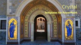  Presentation with monastery - Amazing PPT theme having entrance-to-kykkos-monastery backdrop and a tawny brown colored foreground