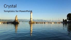  Presentation with lake - PPT theme enhanced with entrance to the harbor of lindau at the lake constance with lighthouse and statue of bavarian lion background and a light blue colored foreground