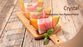  Presentation with melon - Presentation enhanced with entree - melon slice with ham background and a coral colored foreground