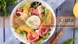 Presentation with melon - Audience pleasing slide deck consisting of entree - melon slices with prosciutto ham backdrop and a yellow colored foreground
