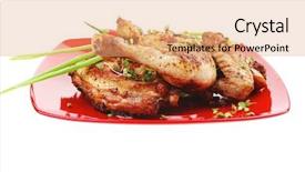  Presentation with chicken meat package - Amazing PPT layouts having entree - roast meat chicken legs garnished backdrop and a coral colored foreground