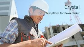  Presentation with entrepreneur - Cool new PPT theme with entrepreneur on building site using backdrop and a sky blue colored foreground