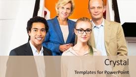  Presentation with office management - Presentation featuring entrepreneurial leadership - portrait of confident management team background and a  colored foreground