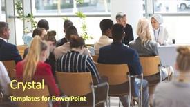  Presentation with diverse business people - PPT theme enhanced with entrepreneurship skills - rear view of diverse group background and a tawny brown colored foreground