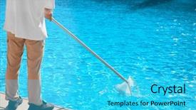  Presentation with dog poop scoop - Theme with entretien m nager - man cleaning swimming pool background and a  colored foreground