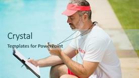  Presentation with swim - PPT layouts featuring entretien m nager - swim coach looking at stopwatch background and a sky blue colored foreground