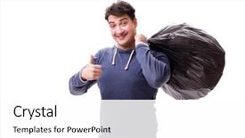  Presentation with garbage - Colorful presentation enhanced with enviroment sanitation - man with garbage sack isolated backdrop and a  colored foreground
