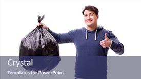  Presentation with garbage - PPT theme consisting of enviroment sanitation - man with garbage sack isolated background and a  colored foreground