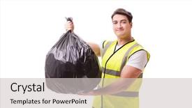  Presentation with garbage - Slide set with enviroment sanitation - man with garbage sack isolated background and a light gray colored foreground