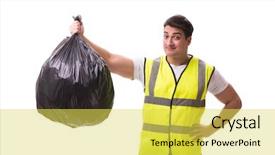 Presentation with garbage - Amazing PPT theme having enviroment sanitation - man with garbage sack isolated backdrop and a  colored foreground