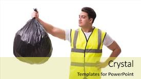  Presentation with garbage - PPT layouts consisting of enviroment sanitation - man with garbage sack isolated background and a yellow colored foreground