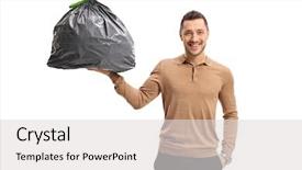  Presentation with garbage patch - Amazing PPT layouts having enviroment sanitation - young man holding a garbage backdrop and a  colored foreground