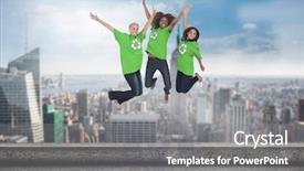  Presentation with city - Slide deck enhanced with enviromental activists jumping and smiling background and a gray colored foreground
