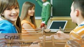  Presentation with student attandance system - Colorful theme enhanced with environmenr friendly - confident student looking at camera backdrop and a  colored foreground