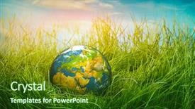  Presentation with green globe - Beautiful slide set featuring environment - globe lies on green grass backdrop and a forest green colored foreground