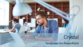  Presentation with environment - Amazing PPT theme having environment - young man using laptop backdrop and a light blue colored foreground