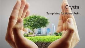  Presentation with city - Presentation design having environment building - human hand holding the city background and a soft green colored foreground