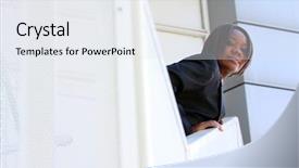  Presentation with corporate ladder - Audience pleasing presentation design consisting of environment concept climbing corporate ladder backdrop and a sky blue colored foreground