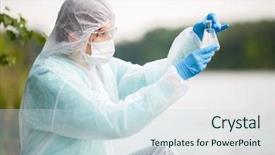  Presentation with environment health safety - Theme having environment health safety - ecologist looks at water flask background and a sky blue colored foreground