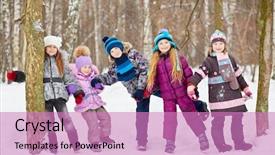  Presentation with play children - Presentation theme enhanced with environment kids - five children play in winter background and a coral colored foreground