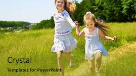  Presentation with children running - Slides enhanced with environment kids - group children running across green background and a gold colored foreground