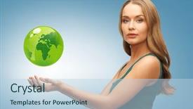  Presentation with green globe - Presentation featuring picture of woman holding green globe on her hands background and a sky blue colored foreground