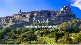  Presentation with medieval philosophy - Slides having environment tradisition - traditional medieval hilltop villages background and a ocean colored foreground