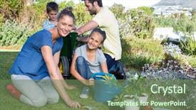  Presentation with gardening the seed - Beautiful PPT theme featuring environment water - happy young family gardening together backdrop and a ocean colored foreground