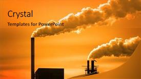  Presentation with power plant - Slide deck consisting of environmental conditions - pollution and smoke from chimneys background and a gold colored foreground