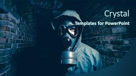  Presentation with disaster - Cool new PPT theme with environmental-disaster-man-wearing-gas backdrop and a navy blue colored foreground