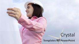  Presentation with gas turbine engines - PPT theme consisting of environmental engineering - female engineer holding a blueprint background and a light blue colored foreground