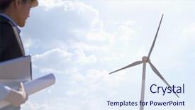  Presentation with wind turbines - Slide set consisting of environmental engineering - young female engineer holding blueprints background and a sky blue colored foreground
