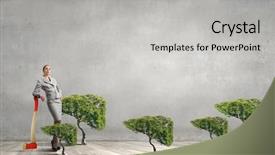  Presentation with green tree - Audience pleasing presentation theme consisting of young businesswoman with axe and green tree backdrop and a light gray colored foreground