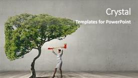  Presentation with green tree - Amazing slide set having environmental health problems - young businesswoman with axe backdrop and a gray colored foreground