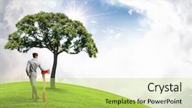  Presentation with green tree - Beautiful theme featuring young businesswoman with axe and green tree backdrop and a yellow colored foreground