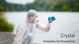  Presentation with test - Slide set featuring environmental health science - biologist with test-tube near river background and a light gray colored foreground
