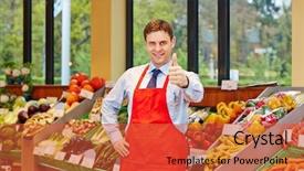  Presentation with convenient store - Slides enhanced with environmental management - smiling store manager background and a  colored foreground