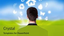  Presentation with environmental - Presentation having environmental management - young businessman with eco icons background and a gold colored foreground