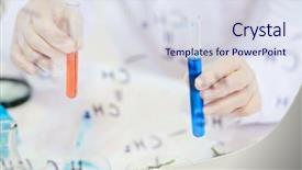  Presentation with flasks - Beautiful presentation theme featuring gloved human hands holding two flasks with blue and red liquids backdrop and a sky blue colored foreground