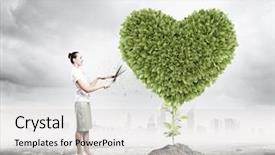  Presentation with shape heart - Beautiful PPT theme featuring environmental safety - young attractive businesswoman cutting lawn backdrop and a light gray colored foreground