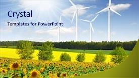  Presentation with wind turbines - PPT theme with environmental services - sunflower field with wind turbines background and a sky blue colored foreground