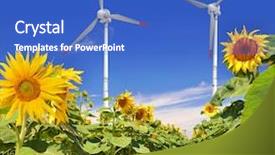 Presentation with wind turbines - PPT theme enhanced with environmental services - sunflower field with wind turbines background and a cobalt blue colored foreground