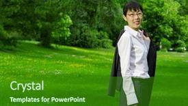  Presentation with environmentally friendly - Colorful PPT layouts enhanced with environmentally friendly asian business woman outdoors in nature with green grass backdrop and a forest green colored foreground