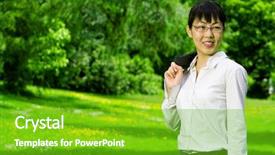  Presentation with environmentally friendly - Beautiful PPT theme featuring environmentally friendly asian business woman outdoors in nature with green grass backdrop and a shamrock green colored foreground