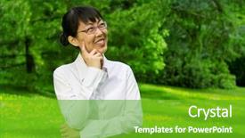  Presentation with environmentally friendly - Slides with environmentally friendly asian business woman outdoors in nature with green grass background and a shamrock green colored foreground