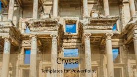  Presentation with ancient greek - Slide deck featuring ephesus ancient greek ruins background and a coral colored foreground