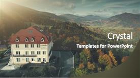  Presentation with tourism hotel - Audience pleasing presentation theme consisting of epic highland hotel mountain forest backdrop and a dark gray colored foreground