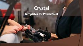  Presentation with disposal mask and gloves - Amazing PPT layouts having epidermis - pedicure master in gloves polishes backdrop and a  colored foreground