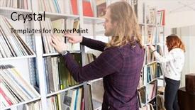  Presentation with vinyl - Presentation design with eps - couple browsing through racks background and a coral colored foreground