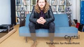  Presentation with old man and his music - Colorful presentation enhanced with eps - long haired man seriously listening backdrop and a coral colored foreground